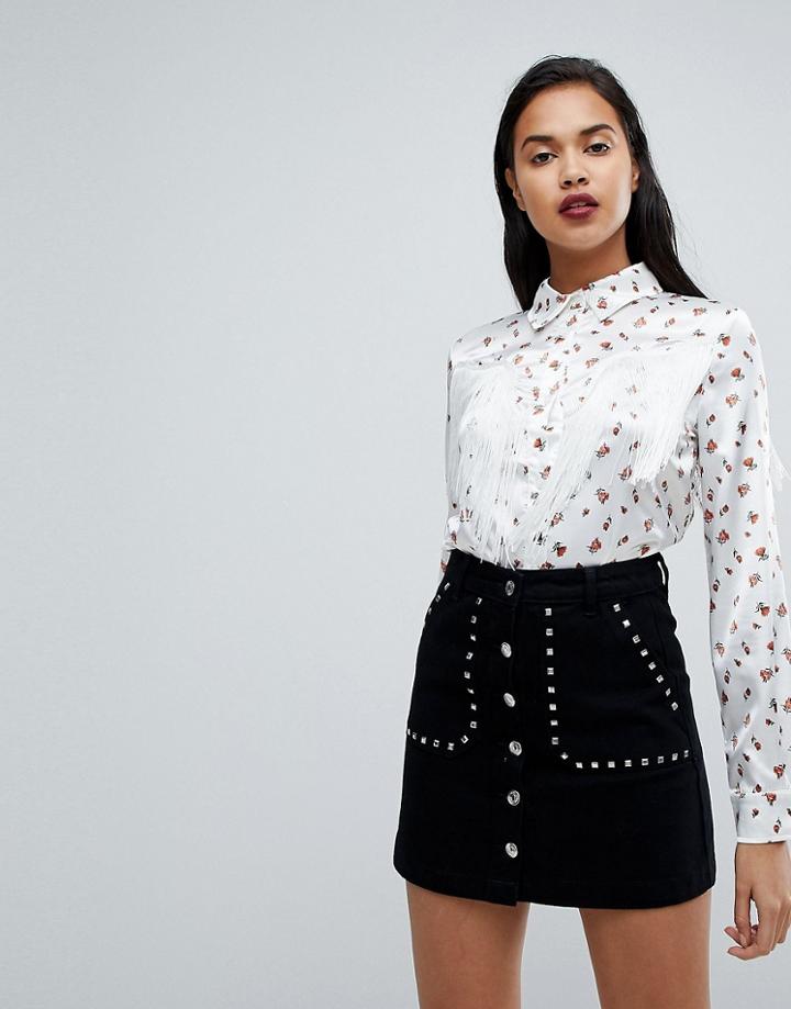 Fashion Union Western Shirt In Ditsy Floral With Fringing - White