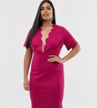 Asos Design Curve Scallop Detail Plunge Midi Dress - Pink