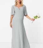 Tfnc Maternity Bridesmaid Sweetheart Neck Flutter Sleeve Maxi Dress In Sage-green