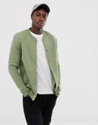 Asos Design Bomber Jersey Jacket In Khaki With Poppers - Green