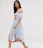 Asos Design Tall Embroidered Midi Smock Dress With Ladder Trims-blue