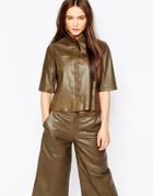 Muubaa Franca Cropped Leather Shirt - Olive Green