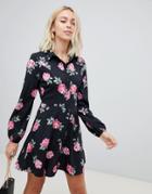 Influence Floral Skater Shirt Dress - Black