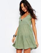 Asos Tiered Smock Beach Dress - Khaki