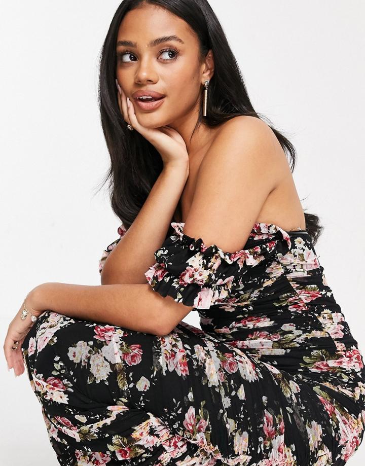 Rare London Bardot Ruched Body-conscious Maxi Dress In Black Floral