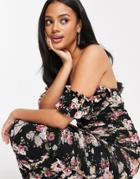 Rare London Bardot Ruched Body-conscious Maxi Dress In Black Floral