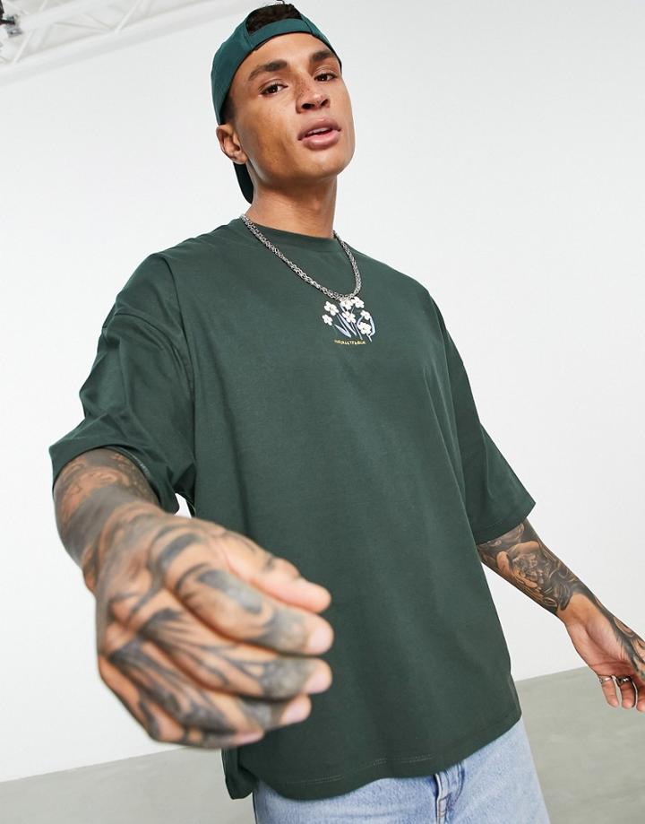 Asos Design Oversized T-shirt In Khaki With Floral Chest Print-green