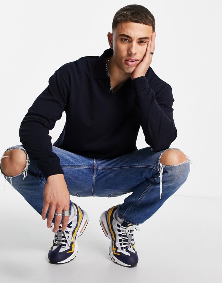 New Look Relaxed Knitted Sweater With Revere Collar In Navy