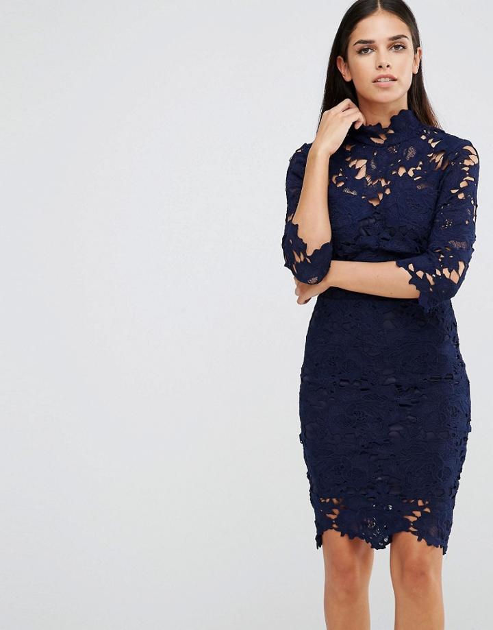 Club L High Neck Crochet Lace Detail Pencil Dress - Navy