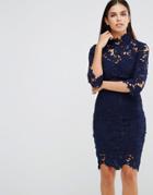 Club L High Neck Crochet Lace Detail Pencil Dress - Navy