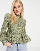 Asos Design High Neck Green Floral Top With Lace Inserts-no Color