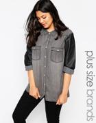Junarose Lovisa Denim Shirt With Contrast Pu Sleeves - Asphalt