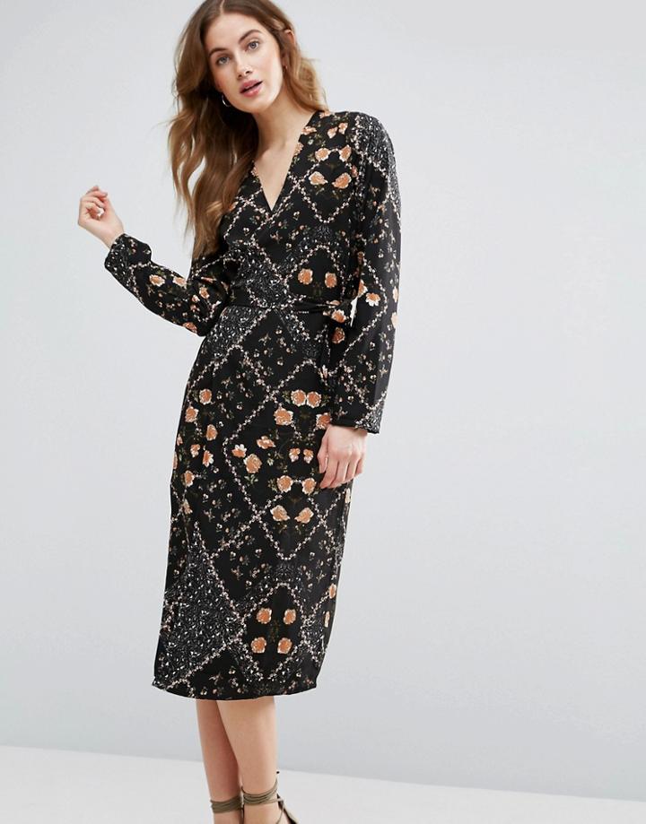 Vila Wrap Front Midi Dress In Floral Print - Black