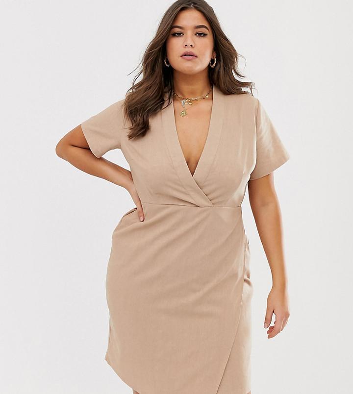 Unique21 Natural Linen Short Sleeve Wrap Dress-brown