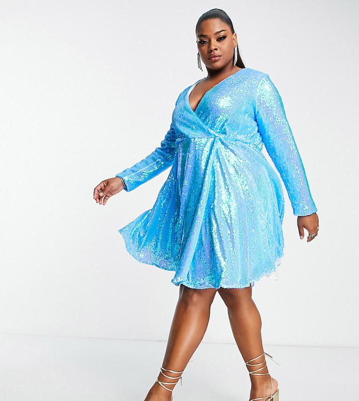 Collective The Label Curve Exclusive Wrap Front Embellished Mini Dress In Bright Blue