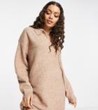 Asos Design Petite Knitted Mini Dress With Open Collar In Camel-neutral