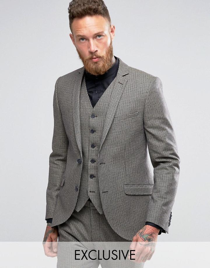 Heart & Dagger Skinny Suit Jacket In Dogstooth - Brown