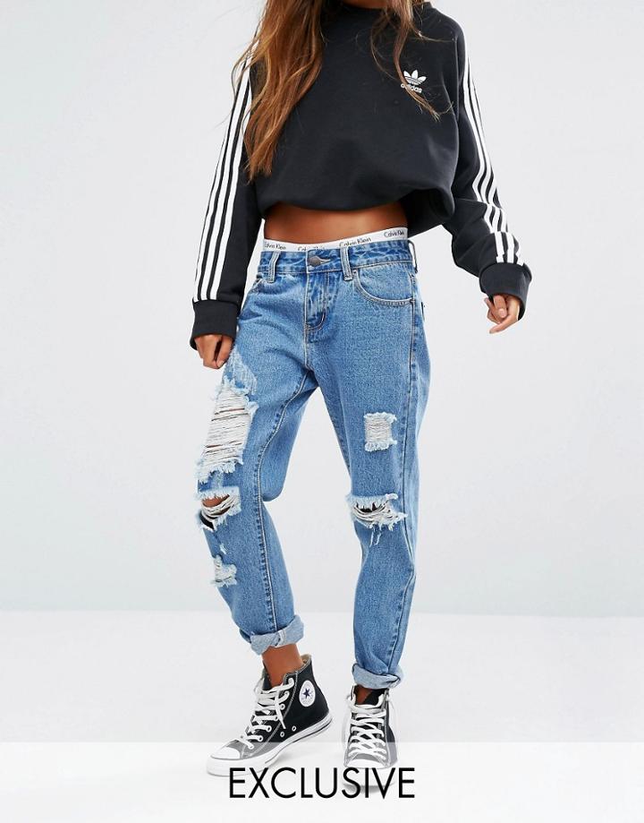Liquor & Poker Skinny Jeans With Extreme Distressing Ripped Knees And Raw Hem - Blue