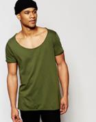 Asos Longline T-shirt With Wide Scoop Neck And Raw Edge In Green - Winter Moss