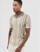 Asos Design Relaxed Revere Polo In Natural Vertical Stripe Colors - Beige