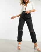 Asos Design High Rise 'slouchy' Mom Jeans In Washed Black With Rips