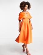 Asos Design Off Shoulder Deep V Draped Sleeve Midi Skater Dress In Orange