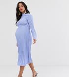 Asos Design Maternity Pleated High Neck Midi Dress-blue