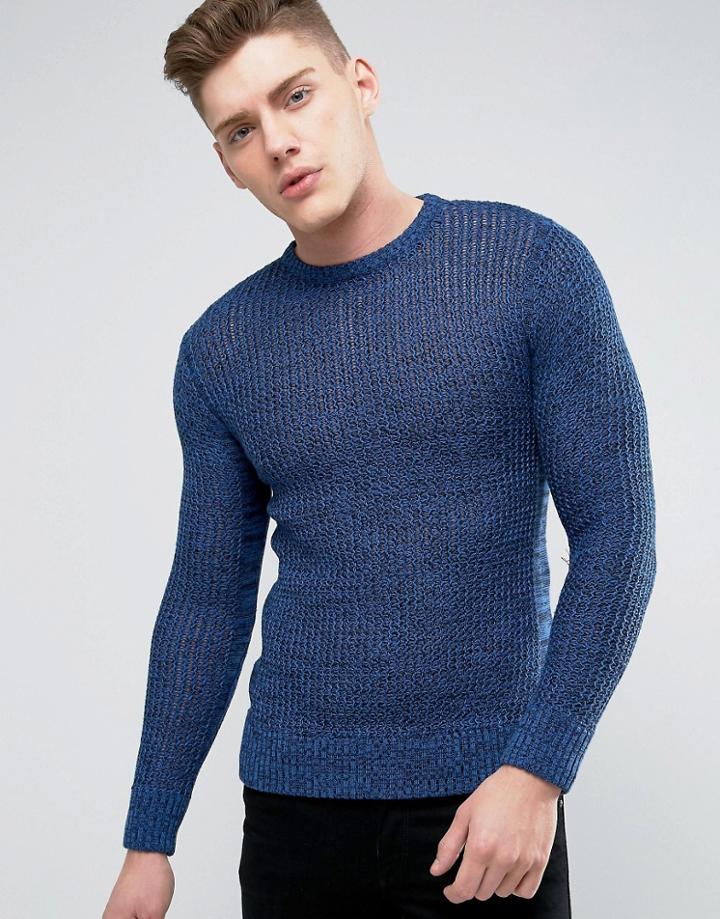 Brave Soul Mens Crew Neck Knitted Sweater With Beehive Knit - Blue