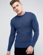Brave Soul Mens Crew Neck Knitted Sweater With Beehive Knit - Blue