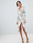 Asos Design Floral Textured Long Sleeve Wrap Midi Dress - Multi