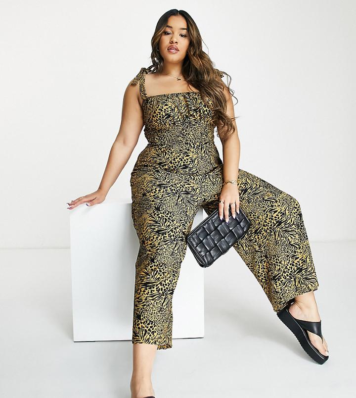 River Island Plus Shirred Detail Jumpsuit In Beige-neutral