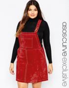 Asos Curve Overall Dress In Suede With Gold Clasps & Stitch Detail - Brick Red
