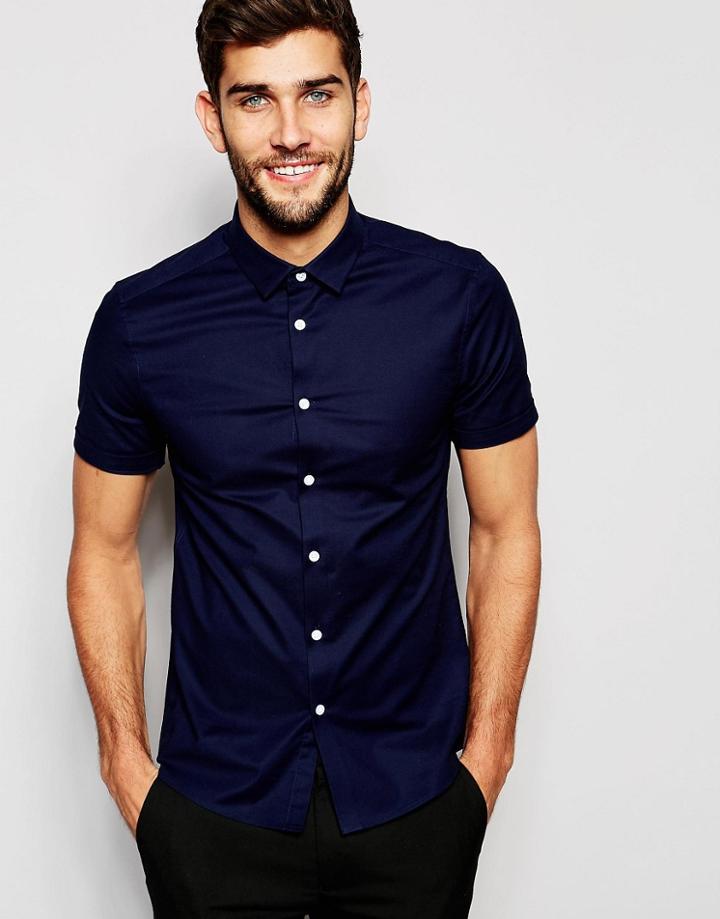 Asos Smart Skinny Oxford Shirt In Navy - Navy