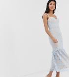 Jarlo Tall Floral Embroidered Midi Dress With Peplum Hem In Blue - Blue