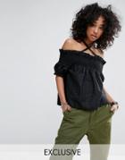 Milk It Vintage Shirred Off The Shoulder Top With Ribbon - Black