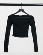 Pull & Bear Long Sleeve Rib Top With Corset Detail Neckline In Black