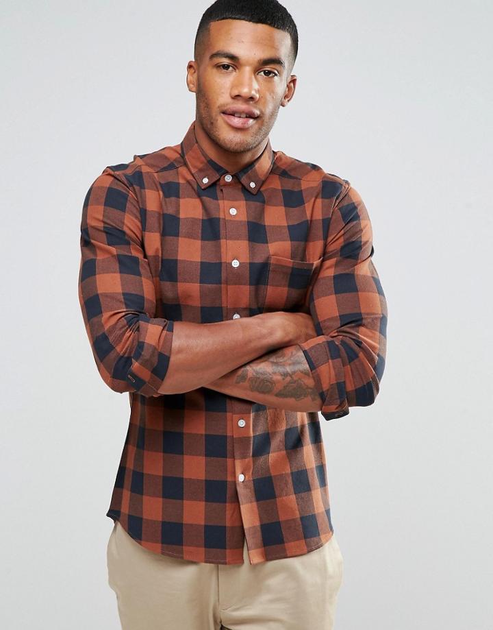 Asos Skinny Buffalo Plaid Shirt With Long Sleeves In Tan - Tan