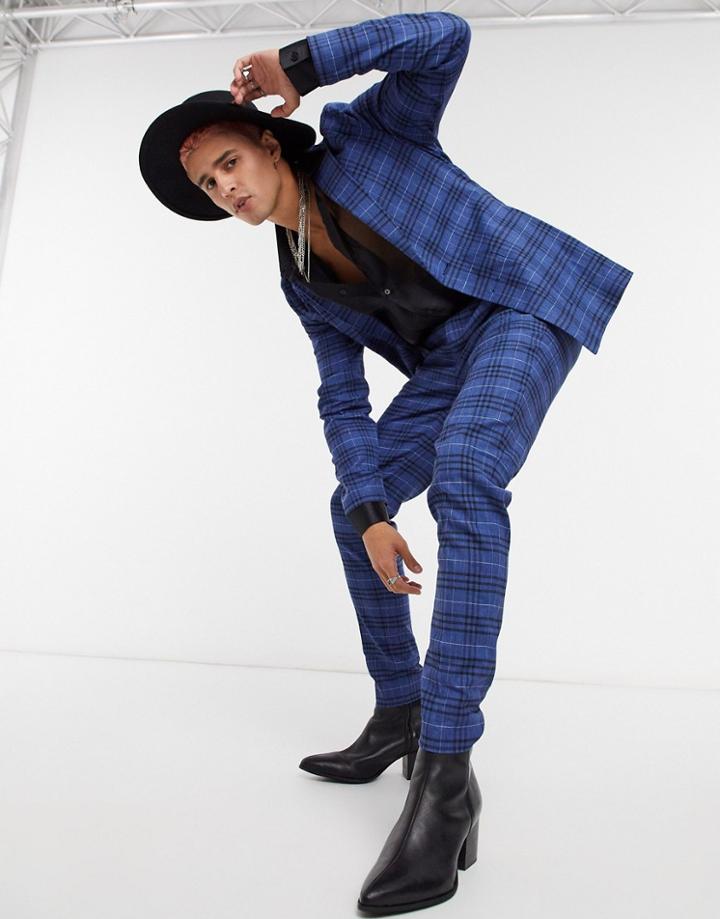 Asos Design Super Skinny Soft Tailored Suit Jacket In Dark Blue Windowpane Check