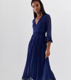 Asos Design Tall Pleated Midi Dress With Lace Inserts-navy