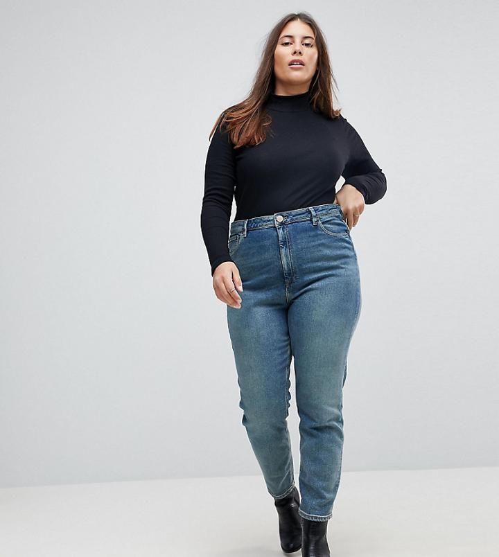 Asos Design Curve Farleigh High Waist Slim Mom Jeans In Chayne Wash-blue