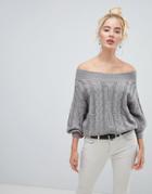 Fashion Union Off Shoulder Sweater In Cable Knit - Gray