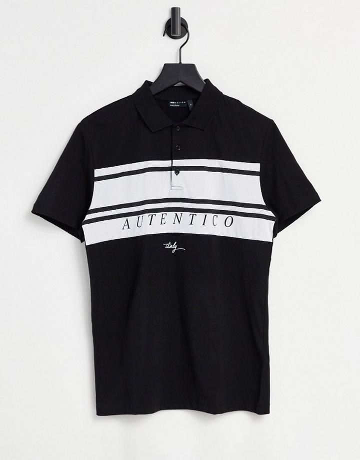 Asos Design Polo T-shirt In Black With Chest Text Print