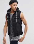 Pull & Bear Sleeveless Denim Jacket With Hood In Black - Black