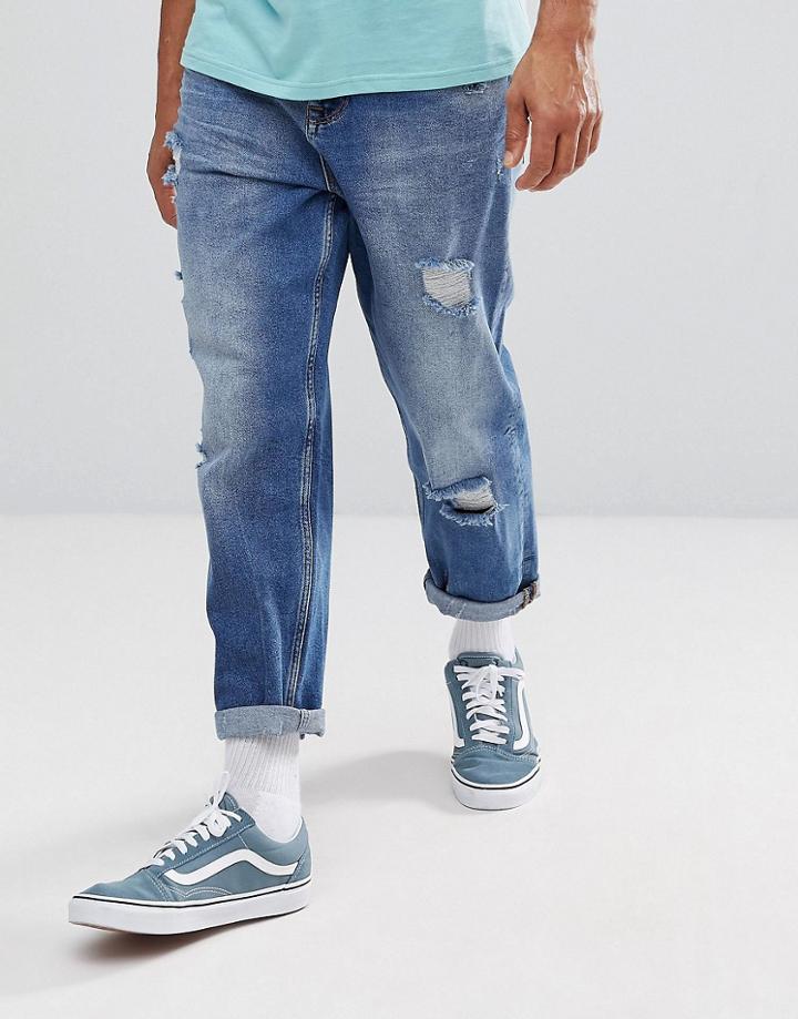 Asos Skater Fit Jeans In Mid Wash With Rips - Blue