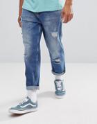 Asos Skater Fit Jeans In Mid Wash With Rips - Blue