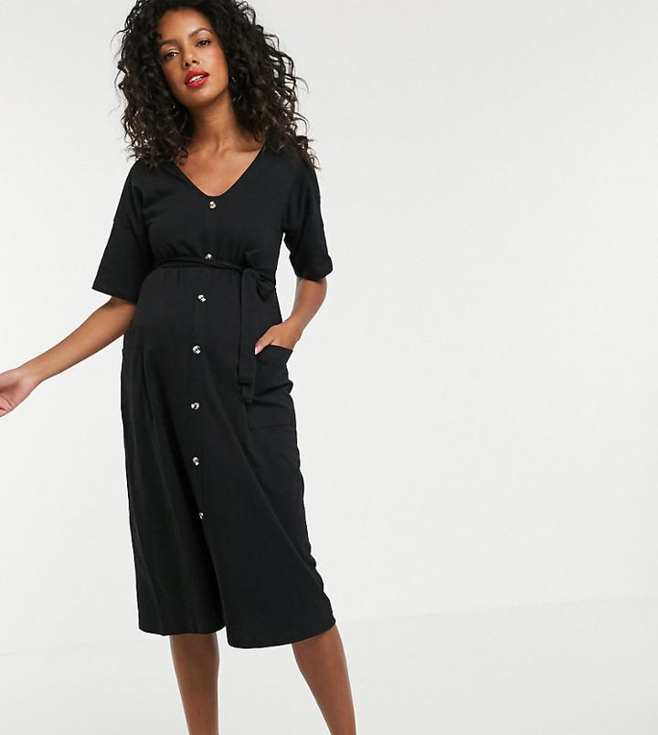 Asos Design Maternity V Button Through Midi Dress With Self Belt-black