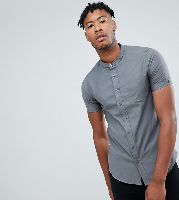 Jacamo Tall Short Sleeve Grandad Shirt In Grey - Gray