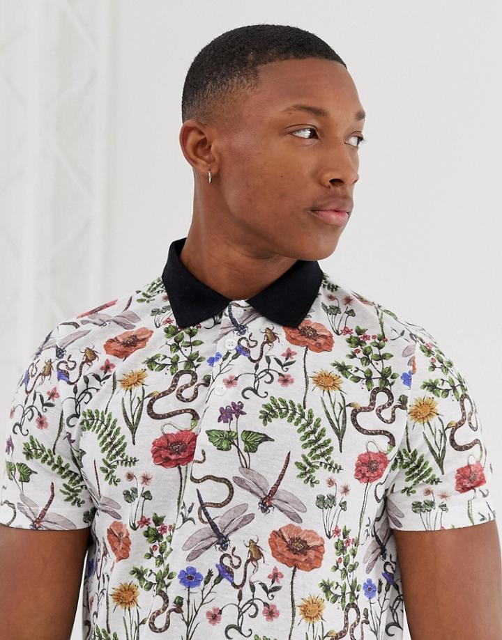 Asos Design Polo With All Over Floral Insect Print In Linen Mix - Multi