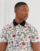 Asos Design Polo With All Over Floral Insect Print In Linen Mix - Multi