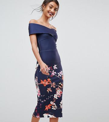 True Violet Tall Cross Over Bodycon Dress In Floral Border Print - Navy
